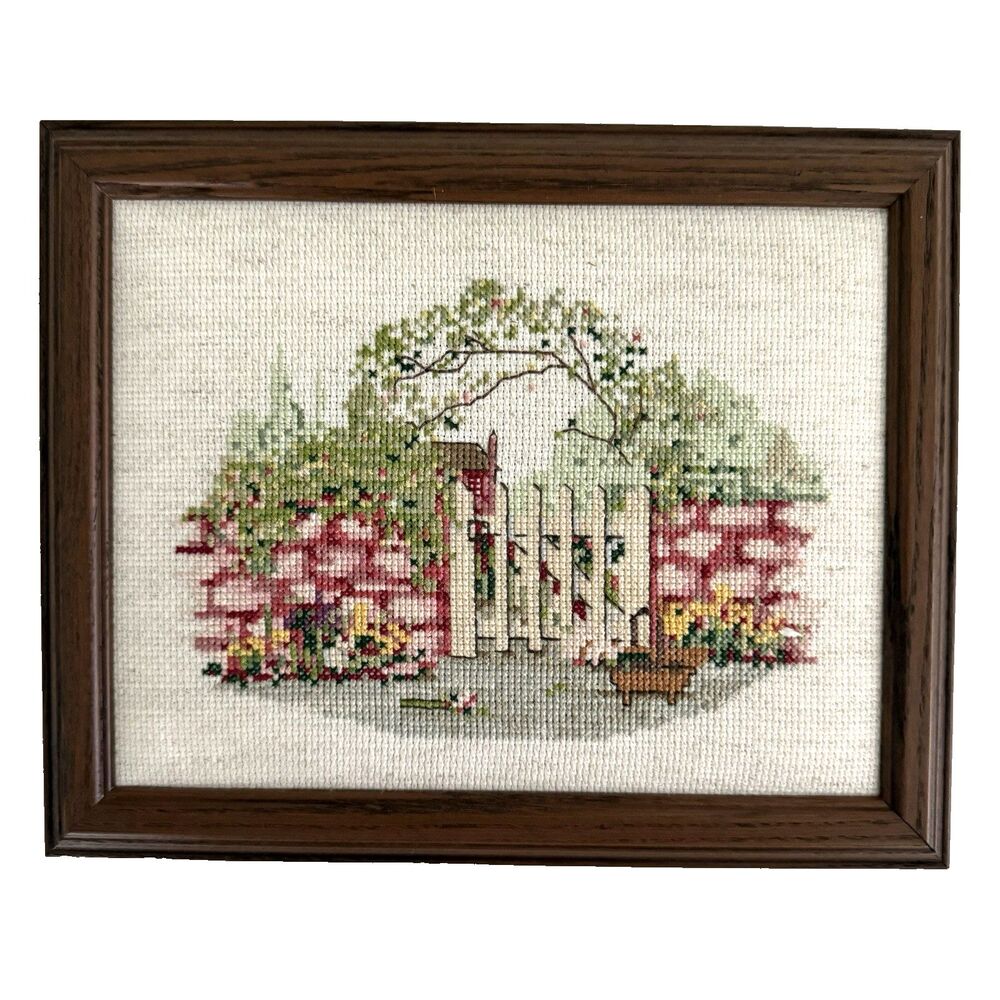 In The Garden Colonial Cross Stitch Complete Framed 10.5 x 8.5 Victorian Country